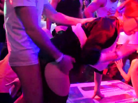 Young chicks and dudes are having wild orgy fuck in night club